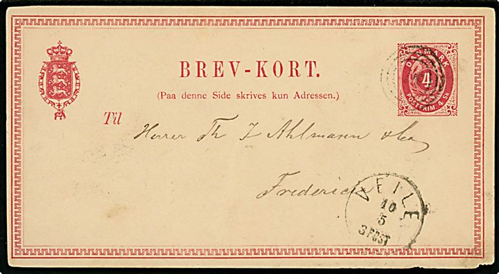 4 Sk. helsagsbrevkort anvendt i ØRE-Perioden annulleret med nr.stempel 76 og sidestemplet lapidar Veile d. 10.5.1875 til Fredericia. Lille hj.skade.