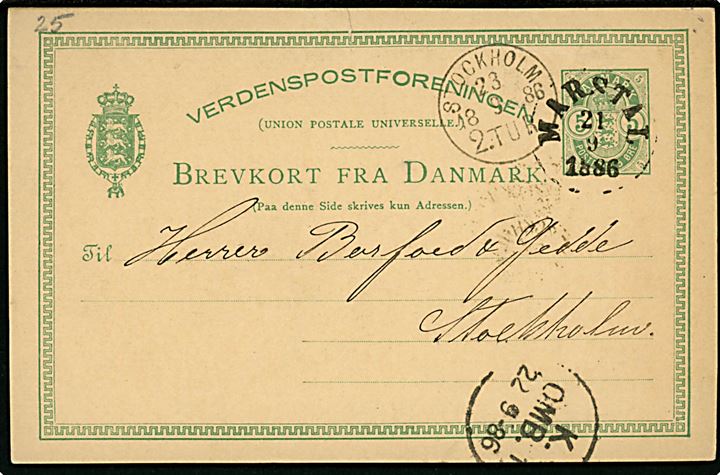 5 øre Våben helsagsbrevkort annulleret med slidt antiqua Marstal d. 21.9.1886 via Kjøbenhavn til Stockholm, Sverige.