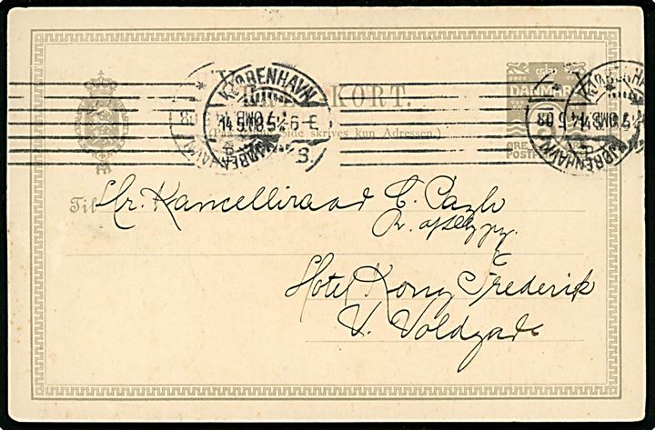 3 øre lokalt brevkort i Kjøbenhavn d. 14.5.1908 til Kancelliraad C. Pagh, Ridder af Dannebrog, Hotel Kong Frederik, V. Voldgade. Christian Lehmann Pagh (1841-1912) var bl.a. i landstinget 1902-1912 som højremand.