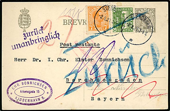 8 øre Chr. X helsagsbrevkort (fabr. 62-H) opfrankeret med 7 øre Chr. X og 10 øre Genforening fra Svendborg d. 2.8.1921 til poste restante i Berchtesgaden, Bayern. Retur som uanbringelig.