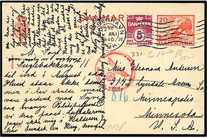 20 øre Kæmpehøj helsagsbrevkort (fabr. 133) opfrankeret med 5 øre Bølgelinie fra København d. 19.7.1940 til Minneapolis, USA. Tysk censur fra Berlin.