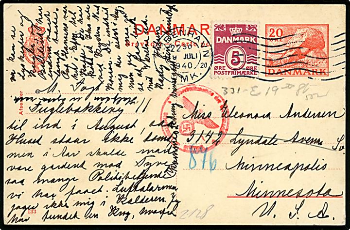 20 øre Kæmpehøj helsagsbrevkort (fabr. 133) opfrankeret med 5 øre Bølgelinie fra København d. 19.7.1940 til Minneapolis, USA. Tysk censur fra Berlin.