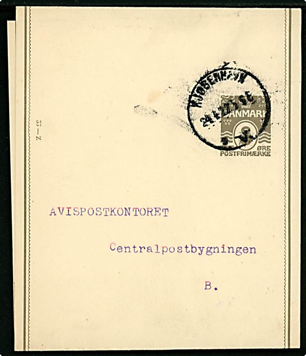 8 øre helsags korsbånd (fabr. 33-Z) anvendt som lokal tryksag i Kjøbenhavn d. 24.4.1922 til Avispostkontoret, Centralpostbygningen Kbh. B.