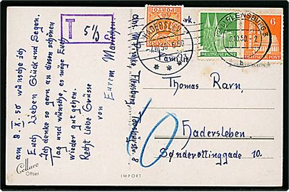 6 pfg. og 10 pfg. på underfrankeret brevkort fra Flensburg d. 6.10.1950 til Haderslev, Danmark. Violet portostempel T 5 1/3 c. og udtakseret i porto med 10 øre Portomærke stemplet Haderslev d. 7.10.1950.