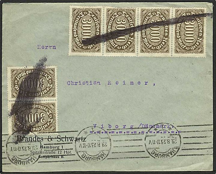 3000 mk. (20) på inflabrev fra Hamburg d. 29.8.1923 til Viborg, Danmark. Mindre fejl.