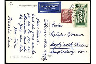 10 pfg. Europa udg. og 25 pfg. Heuss på 35 pfg. frankeret brevkort fra Tübingen d. 19.12.1956 til Reykjavik, Island.