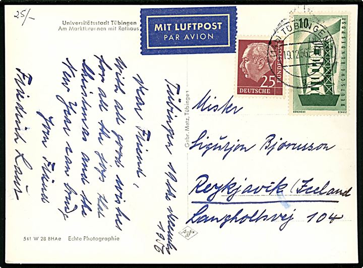 10 pfg. Europa udg. og 25 pfg. Heuss på 35 pfg. frankeret brevkort fra Tübingen d. 19.12.1956 til Reykjavik, Island.