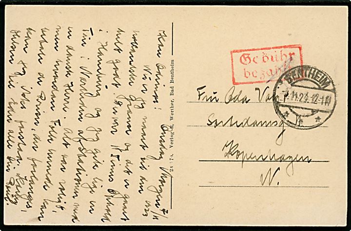 Ufrankeret infla brevkort med rammestempel Gebühr bezahlt fra Bnetheim d. 7.11.1923 til København, Danmark. Frankering 2.4 mia. mk. betalt kontant. 