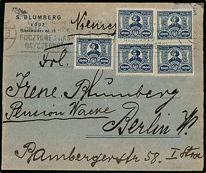 1000 mk. Kopernikus infla udg. (5) på brev fra Lodz d. 1.10.1923 til Berlin, Tyskland.