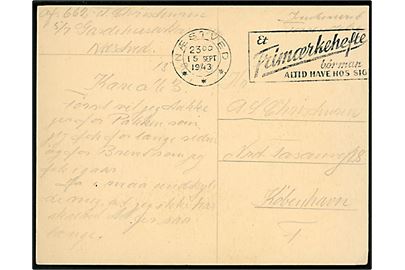 Ufrankeret brevkort mærket Interneret Forsendelse fra interneret soldat ved 7. bataljons 5. kompagni på Gardehusarkasernen i Næstved d. 15.9.1943 til København.
