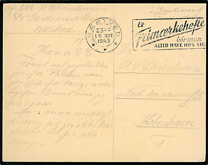 Ufrankeret brevkort mærket Interneret Forsendelse fra interneret soldat ved 7. bataljons 5. kompagni på Gardehusarkasernen i Næstved d. 15.9.1943 til København.
