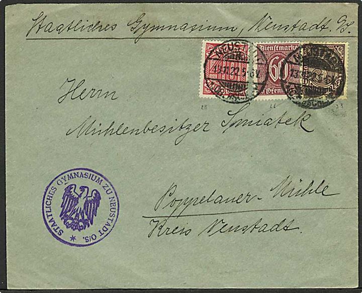 40 pfg., 60 pfg. og 5 mk. Tjenestemærke på lokalt infla tjenestebrev fra Neustadt d. 13.11.1922 til Poppelaner Mühle. Kr. Neustadt.