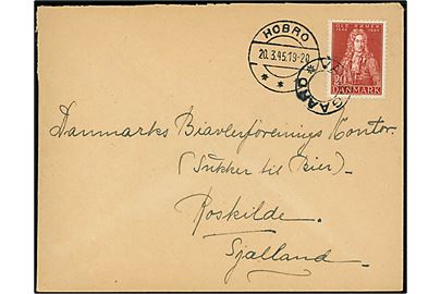 20 øre Rømer på brev annulleret med udslebet stjernestempel VALSGAARD og sidestemplet Hobro d. 20.3.1945 til Roskilde.