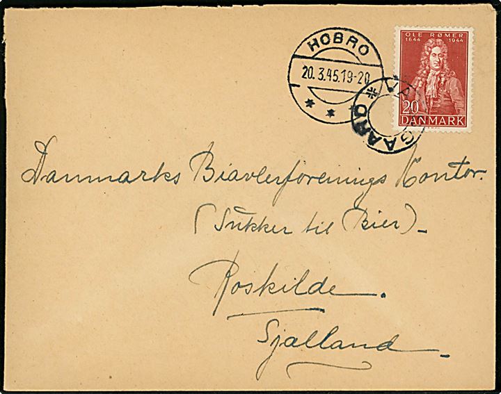20 øre Rømer på brev annulleret med udslebet stjernestempel VALSGAARD og sidestemplet Hobro d. 20.3.1945 til Roskilde.