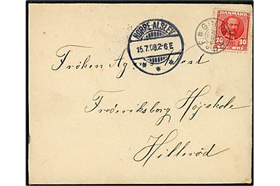 10 øre Fr. VIII på brev annulleret med stjernestempel GULDBORG p. F. og sidestemplet Nørre-Alslev d. 15.7.1908 til Hillerød. 