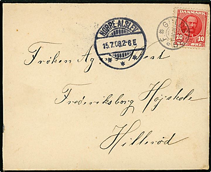 10 øre Fr. VIII på brev annulleret med stjernestempel GULDBORG p. F. og sidestemplet Nørre-Alslev d. 15.7.1908 til Hillerød. 