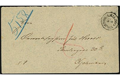 Ufrankeret N.P. (Nedsat Porto) brev fra Nykjøbing By og Dragsholm Birk med lapidar Nykjøbing i Sjælland d. 6.5.1887 til Kjøbenhavn. Udtakseret i 8 øre enkeltporto. 