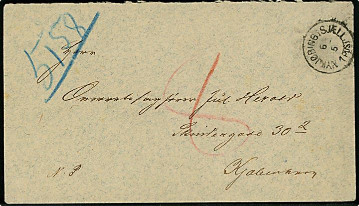 Ufrankeret N.P. (Nedsat Porto) brev fra Nykjøbing By og Dragsholm Birk med lapidar Nykjøbing i Sjælland d. 6.5.1887 til Kjøbenhavn. Udtakseret i 8 øre enkeltporto. 