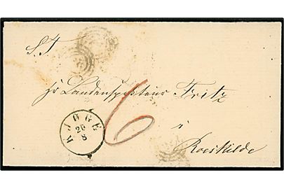 1870. Portobrev med antiqua Kjøge d. 20.8.1870 via Taastrup til Roskilde. Udtakseret i 6 sk. porto.