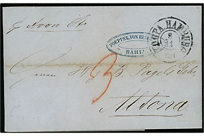 1859. Privatbefordret brev med indhold fra Bahia, Brasilien d. 12.10.1859 påskrevet pr. Steamer Avon med antiqua K.D.O.P.A. Hamburg d. 8.11.1859 til Altona. Udtakseret i 3 sk. porto