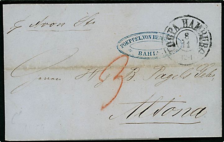 1859. Privatbefordret brev med indhold fra Bahia, Brasilien d. 12.10.1859 påskrevet pr. Steamer Avon med antiqua K.D.O.P.A. Hamburg d. 8.11.1859 til Altona. Udtakseret i 3 sk. porto