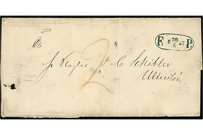 1857. Ufrankeret portobrev fra De danske Östifters Creditforening med ovalt fodpost stempel F:P: d. 30.6.1857 til Utterslev. Påskrevet 2 sk. porto.