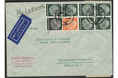 1 pfg., 6 pfg. (6) pg 8 pfg. Hindenburg på luftpostbrev fra Chemnitz d. 19.12.1939 til København, Danmark. Åbnet af tysk censur.