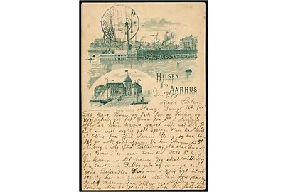 Aarhus, Hilsen fra med havn og Toldbod. Sperling & Co. Trykt på 5 øre Våben helsagsbrevkort sendt fra Aarhus d. 13.6.1898 til Skodsborg.
