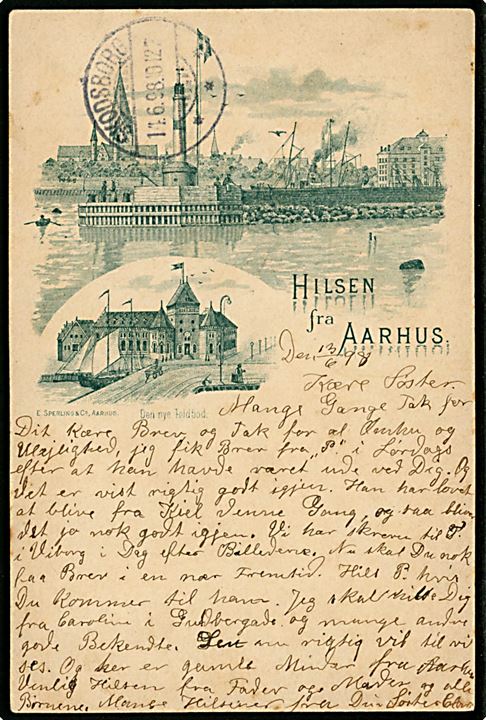 Aarhus, Hilsen fra med havn og Toldbod. Sperling & Co. Trykt på 5 øre Våben helsagsbrevkort sendt fra Aarhus d. 13.6.1898 til Skodsborg.