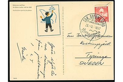 20 øre Chr. X på brevkort Eskimomor med barn med Tuberkulose mærkat annulleret med særstempel Sdr. Strømfjord / Jul i Grønland d. 25.12.1957 til Tyringe, Sverige. 