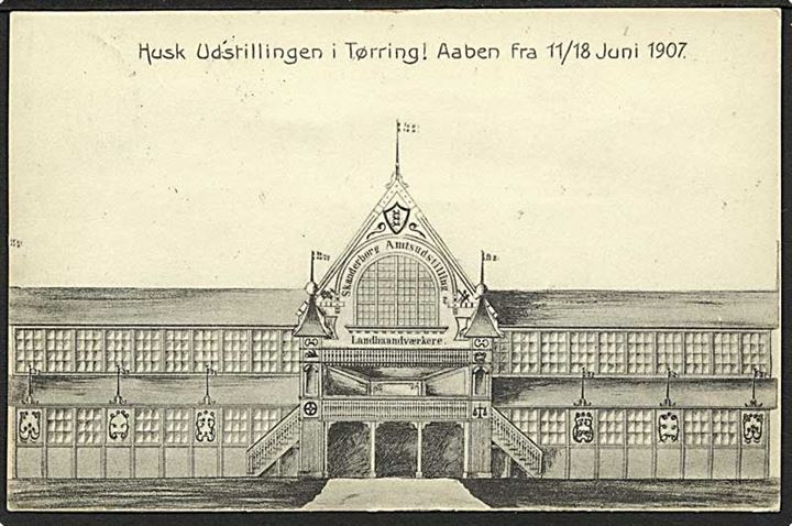 Reklamekort for Tørring Udstillingen med motiv fra Skanderborg Amtsudstilling. C. Christensen no. 9487.