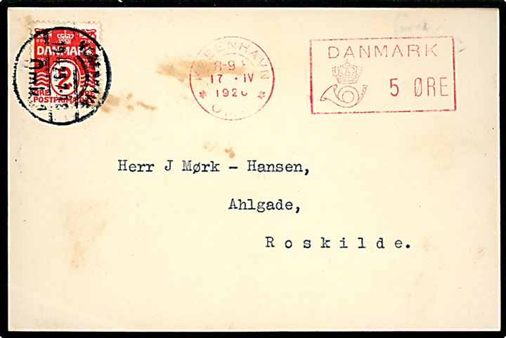 5 øre posthusfranko på underfrankeret tryksagskort fra København OMK d. 17.4.1926 postalt opfrankeret med 2 øre Bølgelinie annulleret København OMK d. 19.4.1926 til Roskilde.