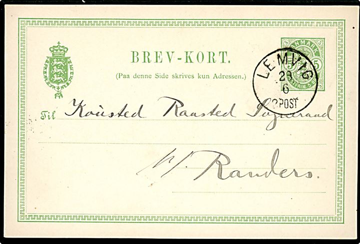 5 øre Våben helsagsbrevkort annulleret med lapidar Lemvig d. 28.6.1889 til Randers.