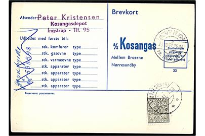 Ufrankeret svarbrevkort med pr.-stempel Ingstrup Mejeriby pr. Ingstrup d. 23.10.1961 til Nørresundby. Udtakseret i enkeltporto med 20 øre Portomærke stemplet Nørresundby d. 24.10.1961.