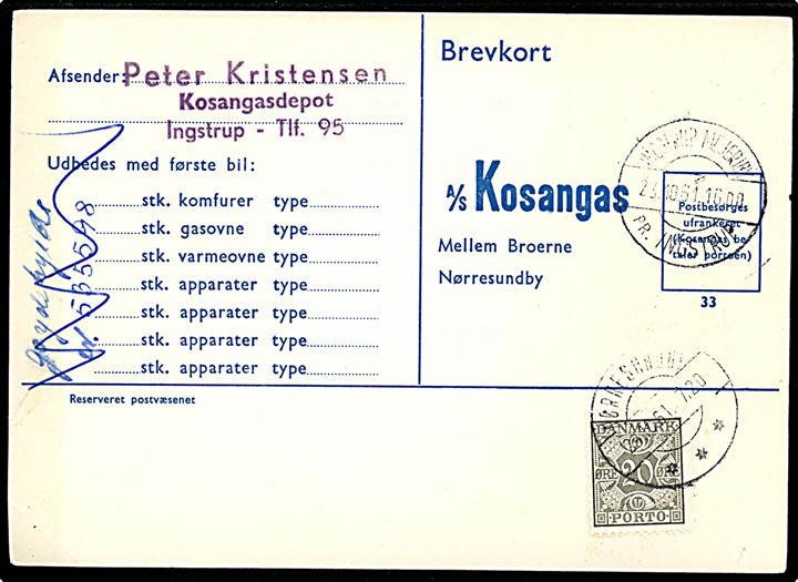 Ufrankeret svarbrevkort med pr.-stempel Ingstrup Mejeriby pr. Ingstrup d. 23.10.1961 til Nørresundby. Udtakseret i enkeltporto med 20 øre Portomærke stemplet Nørresundby d. 24.10.1961.