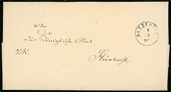 1851.  Ufrankeret tjenestebrev med 1½ ringsstempel Ratzeburg d. 1.5.1851 til Steinhorst. På bagsiden laksegl: Koeniglische Regierung  des Herzogturms Lauenburg.