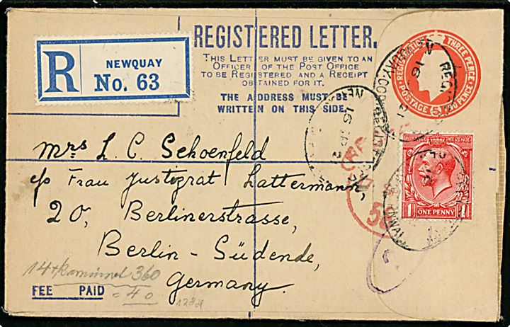 3d+2d George V anbefalet helsagskuvert opfrankeret med 1d George V fra Newquay d. 16.9.1921 til Berlin, Tyskland.