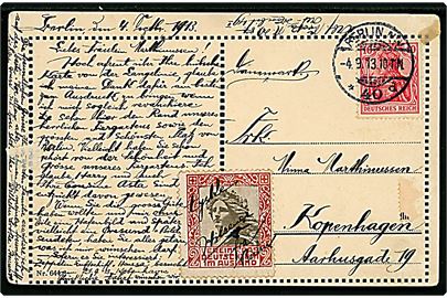10 pfg. Germania og 2 pfg. Verein f. das Deutschtum im Ausland mærkat på brevkort fra Berlin d. 4.9.1913 til København, Danmark.