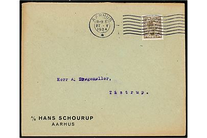 20 øre Chr. X med perfin AS HS på firmakuvert fra A/S Hans Schourup fra Aarhus d. 27.5.1924 til Tistrup