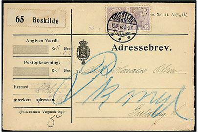 15 øre Chr. X i parstykke med perfin D.D.S.F. på adressebrev for pakke fra De Danske Spritfabrikker i Roskilde d. 13.12.1916 til Guldborg L. Påskrevet Pk mgl.