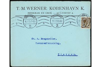 20 øre Chr. X med perfin W på firmakuvert fra T. M. Werner i København d. 11.7.1925 til Tistrup.