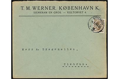 20 øre Chr. X med perfin W på firmakuvert fra T. M. Werner i København d. 8.4.1924 til Tistrup.