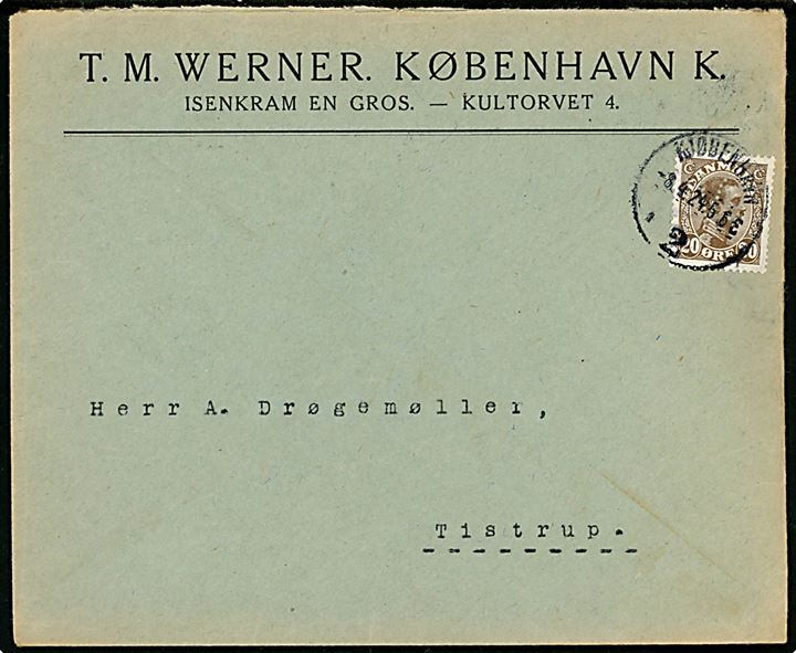 20 øre Chr. X med perfin W på firmakuvert fra T. M. Werner i København d. 8.4.1924 til Tistrup.