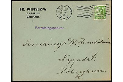 15 øre Karavel med perfin F.W. på firmakuvert fra Fr. Winsløv sendt som Forretningspapirer fra Aarhus d. 12.2.1941 til København.
