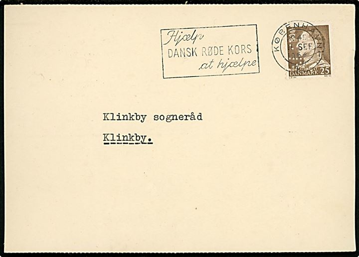 25 øre Fr. IX med perfin SK på brevkort fra Landbrugsministeriets Korn- og Licenskontor i København d. 11.9.1964 til Klinkby.