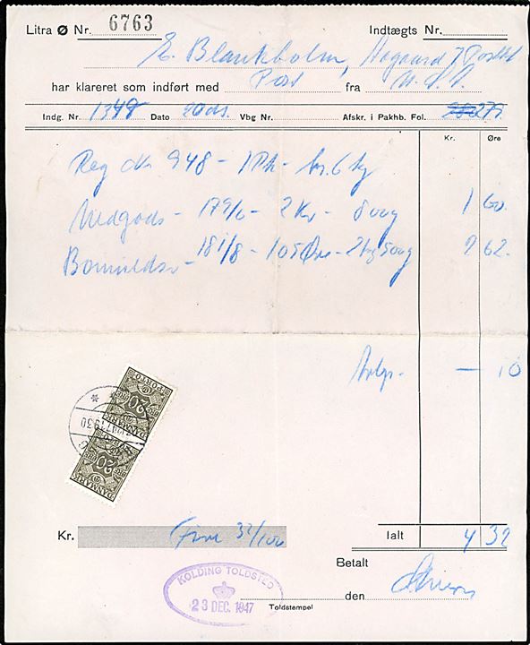 20 øre Portomærke i parstykke annulleret Kolding d. 23.12.1947 på Toldregning fra Kolding Toldsted.