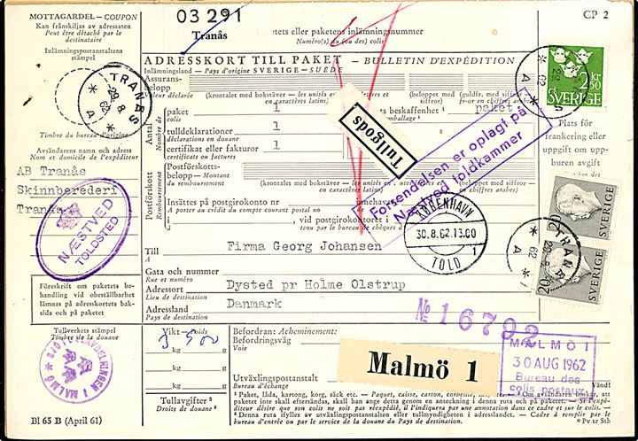 20 öre Gustaf (par) og 2,50 kr. Tre Kroner på internationalt adressekort for pakke fra Tranås d. 29.8.1962 via Malmö, København Told til Dysted pr. Holme Olstrup, Danmark.