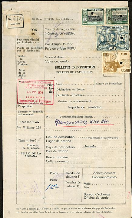 10 s. Huascaran (par), 2 s. og 5 s. Luftpost på internationalt adressekort for pakke fra Lima d. 22.9.1953 via Köln-Deutz til Leverkusen, Tyskland. Frankatur hul-annulleret.