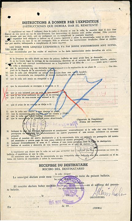 10 s. Huascaran (par), 2 s. og 5 s. Luftpost på internationalt adressekort for pakke fra Lima d. 22.9.1953 via Köln-Deutz til Leverkusen, Tyskland. Frankatur hul-annulleret.