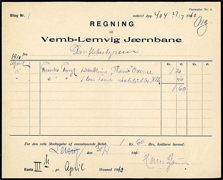 Vemb-Lemvig Jærnbane - Formular nr. 4 - Regning for franko fragtgods til Odense og København udstedt i Lemvig d. 30.4.1910.
